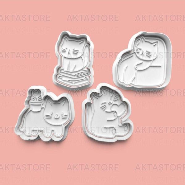 Aktastore Sevimli Kedi Kurabiye Kalıbı Ve Şeker Hamuru Kalıbı 4'Lü Set - Image 1