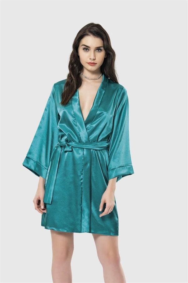 Arias Closet Zümrüt Kısa Saten Sabahlık OZN-12542 - Image 1