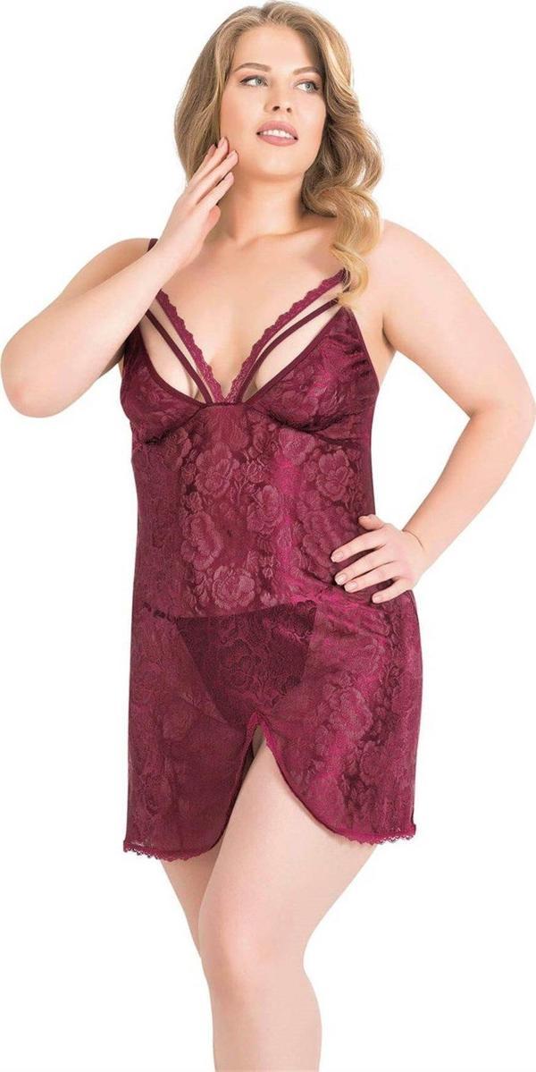 Arias Closet Büyük Beden Bordo Kısa Jakarlı Gecelik OZN-14025 - Image 1