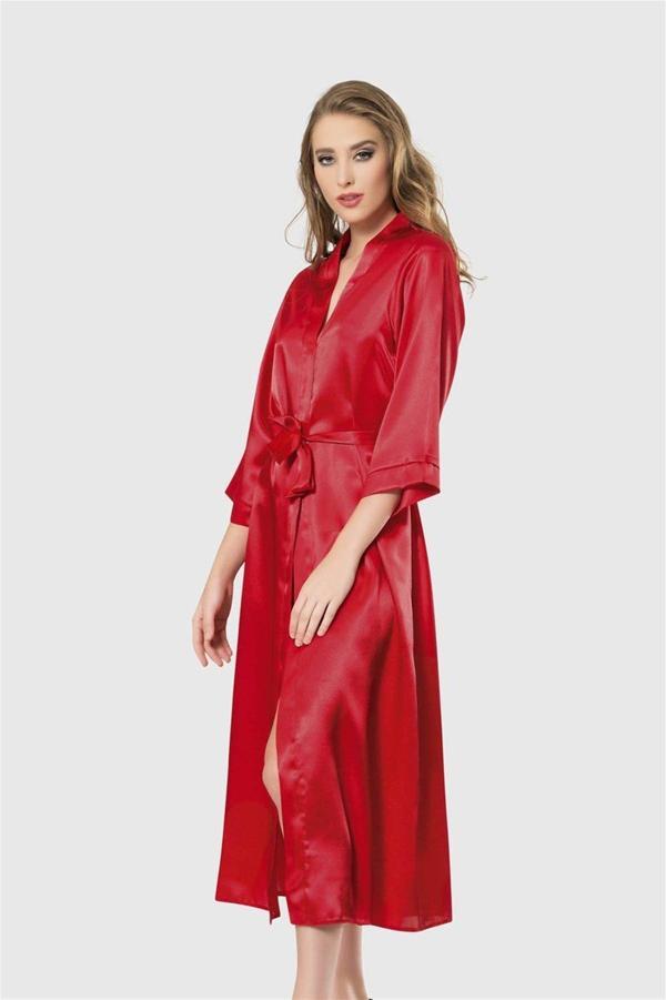 Arias Closet Kırmızı Uzun Saten Sabahlık OZN-12543 - Image 1