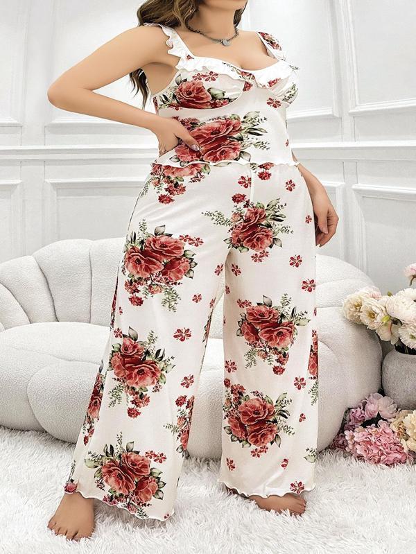 Aria's Closet Büyük Beden Gül Desenli İnce Askılı Beyaz Salaş 2'li Takım - Image 1