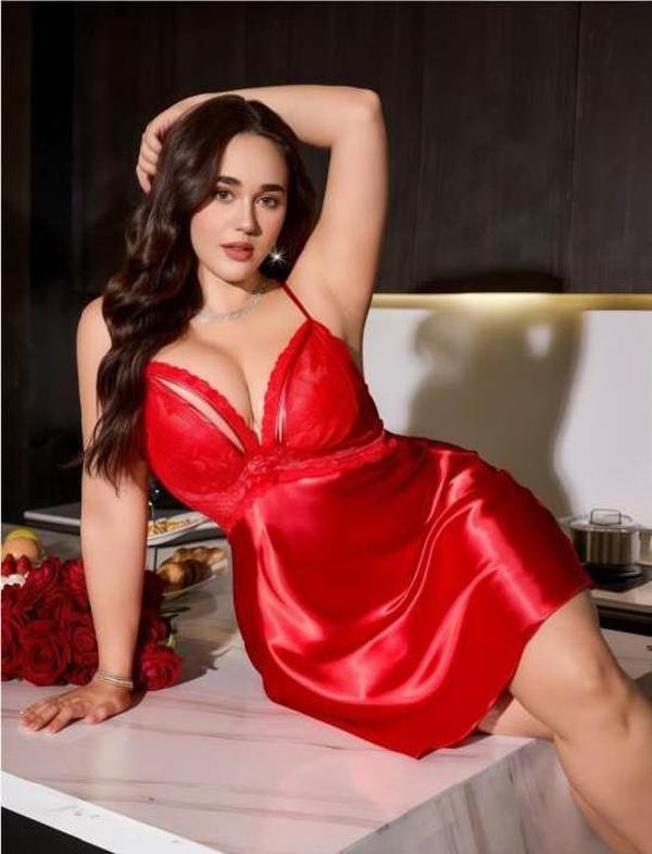 Aria's Closet Büyük Beden Kırmızı Dantel Detaylı Saten Gecelik - Image 1
