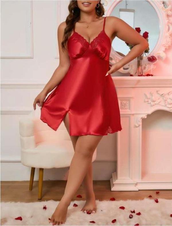 Aria's Closet Büyük Beden Kırmızı Dantel Detaylı Saten Gecelik - Image 1