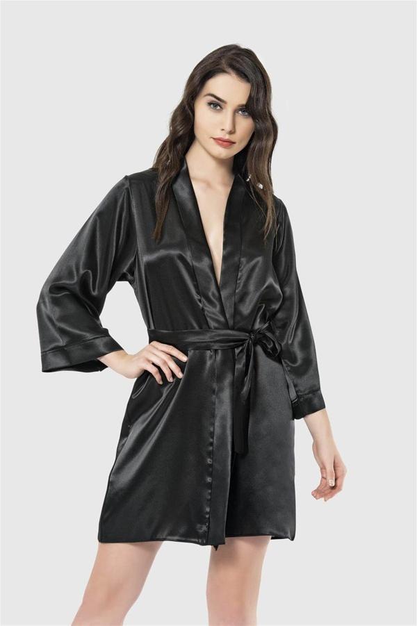 Arias Closet Siyah Kısa Saten Sabahlık OZN-12532 - Image 1