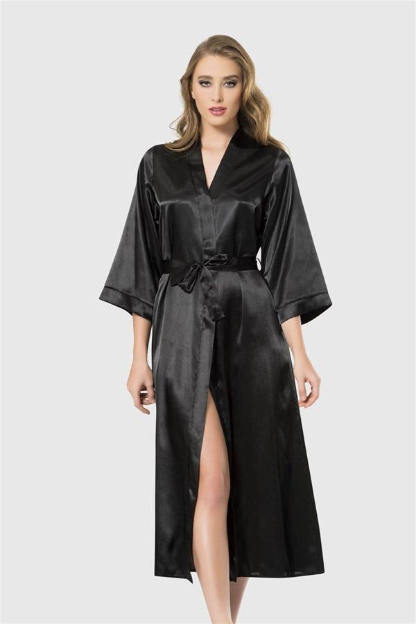 Arias Closet Siyah Uzun Saten Sabahlık OZN-12544 - Image 1