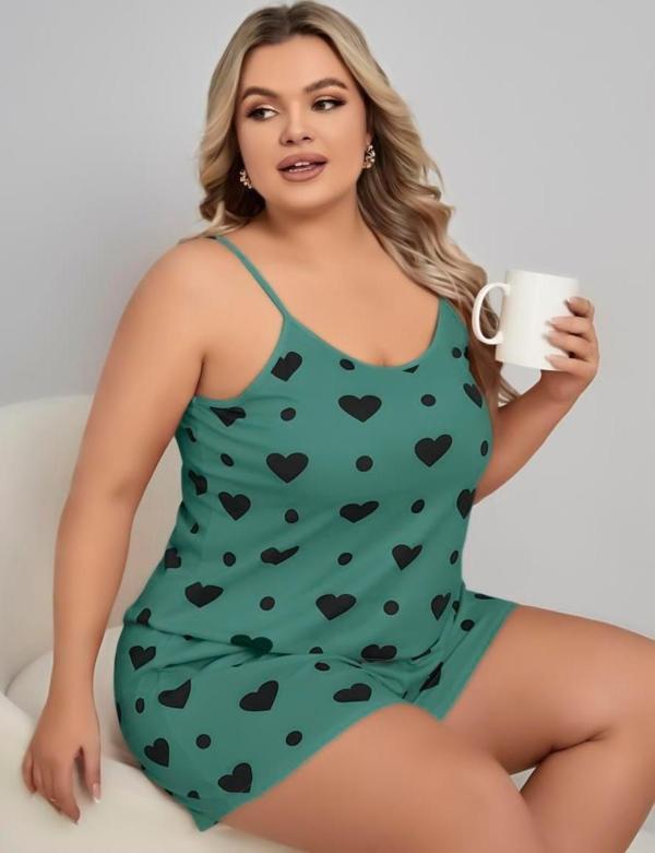 Aria's Closet Büyük Beden Yeşil Kalp Desen Pamuklu Şortlu Pijama Takımı - Image 1