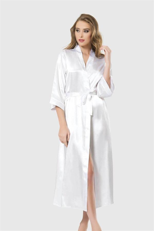 Arias Closet Beyaz Uzun Saten Sabahlık OZN-12546 - Image 1