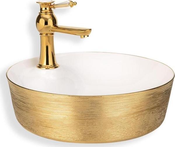 Eva Banyo Lena Tezgah Üstü Lavabo Gold&Beyaz E-5002A - Image 1