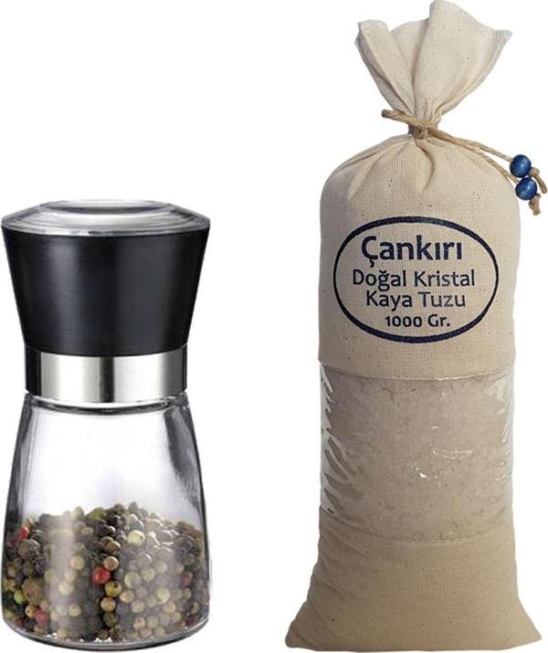1 Kg. Iri Çankırı Tuzu Bez Torbada + Seramik Bıçaklı Cam Değirmen Tuz/baharat Değirmeni - Image 1