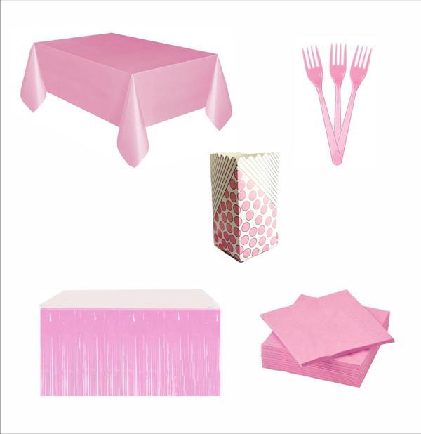 Pembe Masa Örtüsü, Pembe Masa Eteği, 10 adet Peçete, 10 adet Çatal, 8 Adet Mısır Kutusu - Image 1