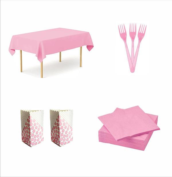 Pembe Masa Örtüsü, 10 adet Peçete, 10 adet Çatal, 8 Adet Mısır Kutusu - Image 1
