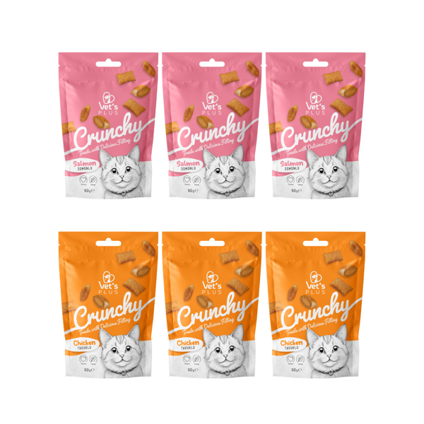 Vet's Plus Crunchy Karışık Kedi Ödül Maması 60gr (6 Adet) - Somonlu ve Tavuklu İçi Dolgulu Dışı Çıtır Kedi Ödül - Image 1