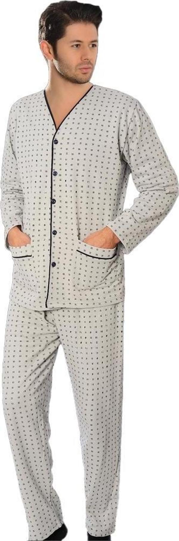 Aysu 2050 Önden Bütün Düğmeli Erkek Penye Uzun Kol Pijama Takımı - Image 1