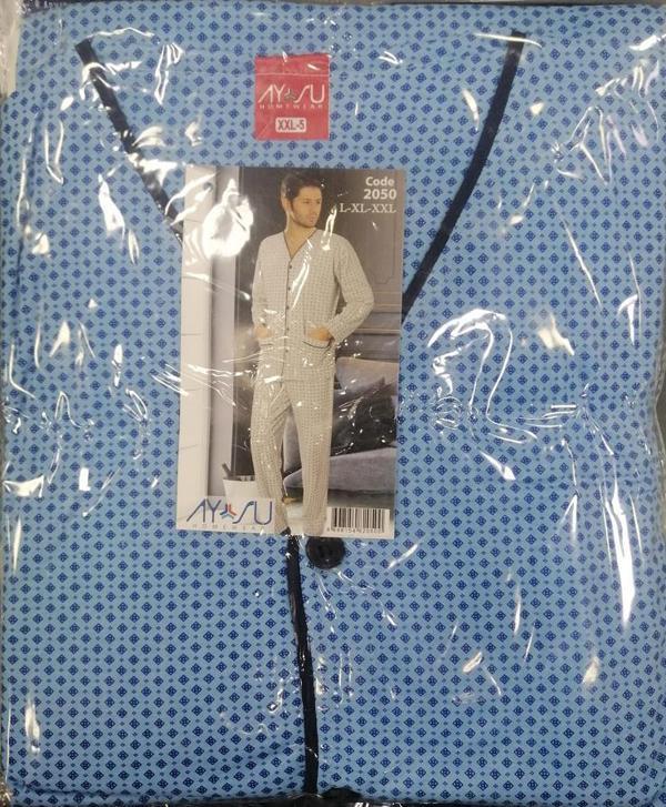 Aysu 2050 Önden Bütün Düğmeli Erkek Penye Uzun Kol Pijama Takımı - Image 1