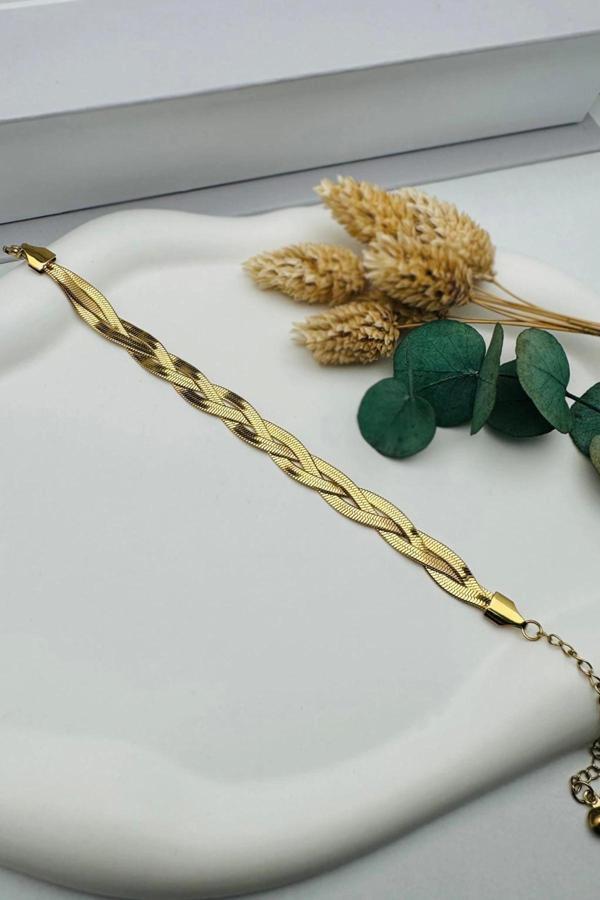 Kararma Yapmayan Gold Örgü Çelik Bileklik - Image 1