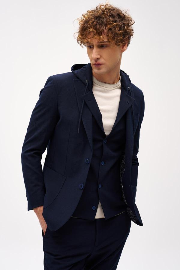 Erkek Lacivert Slim Fit / Dar Kalıp Mono Yaka Kombinli Takım Elbise - Image 1