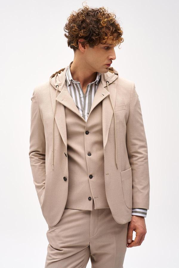 Erkek Bej Slim Fit / Dar Kalıp Mono Yaka Kombinli Takım Elbise - Image 1