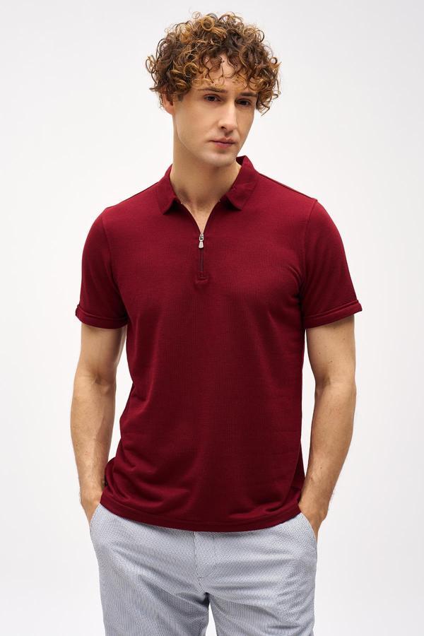 Erkek Bordo  Polo Yaka Fermuarlı Tişört - Image 1