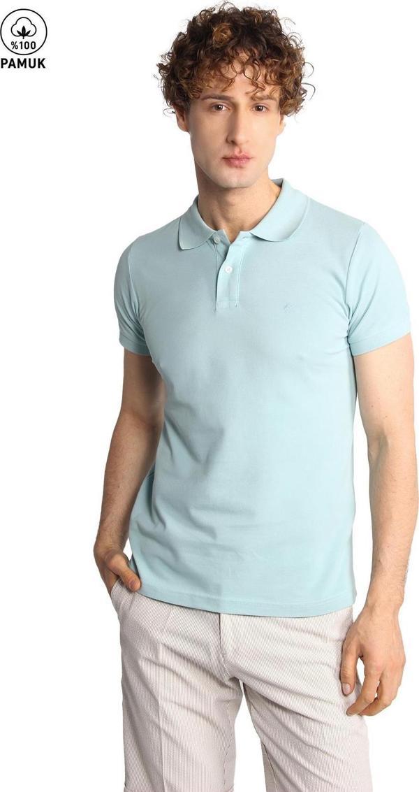 Erkek Turkuaz Modernfit / Dar Kalıp Polo Yaka Tişört - Image 1