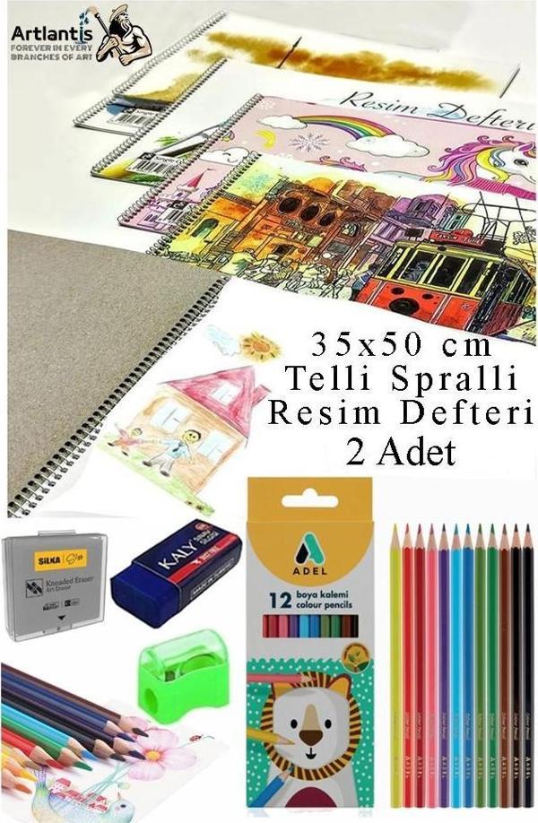 12 Renk Adel Kuru Boya 35x50 cm Telli Spralli Resim Defteri Hamur Silgi Kalemtraş 15 Yaprak Resim Defteri Kuruboya Kalem - Image 1