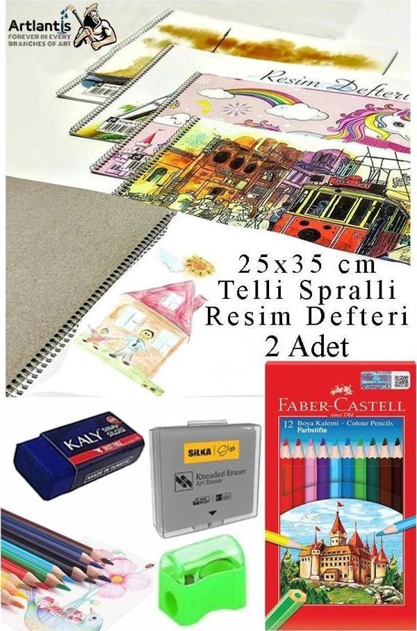 12 Renk Kuru Boya 25x35 cm Telli Spralli Resim Defteri Hamur Silgi Kalemtraş 15 Yaprak Resim Defteri Kuruboya Kalemi - Image 1
