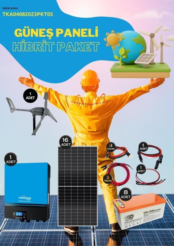 Güneş Enerjisi Hibrit Paket 5 – 7.2Kva Inverter + Güneş Paneli +8 x 12 V 200 Ah Jel Akü Derin Döngü + Rüzgar Türbini - Image 1