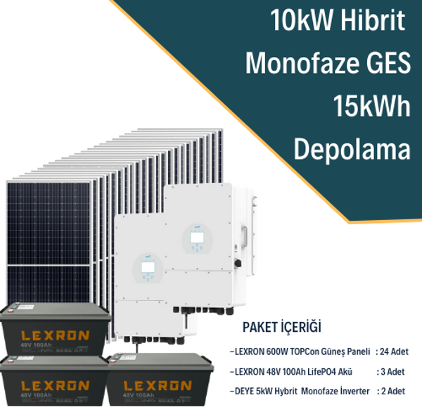 Güneş Enerjisi Hibrit Solar Paket 2X 5Kw Monofaze İnverter + 24X 600W Güneş Paneli + 3X 48V 100Ah Lityum Akü - Image 1