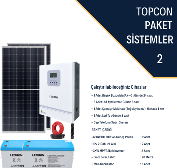 Güneş Enerjisi Bağevi Hazır Solar Paket - 3Kw Mppt Akıllı İnverter + 2X 600W Güneş Paneli+ 2X 12V 210Ah Jel Akü - Image 1