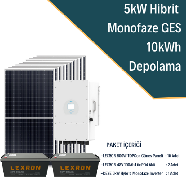 Güneş Enerjisi Hibrit Solar Paket 5Kw Monofaze İnverter + 10X 600W Güneş Paneli + 2X 48V 100Ah Lityum Akü - Image 1
