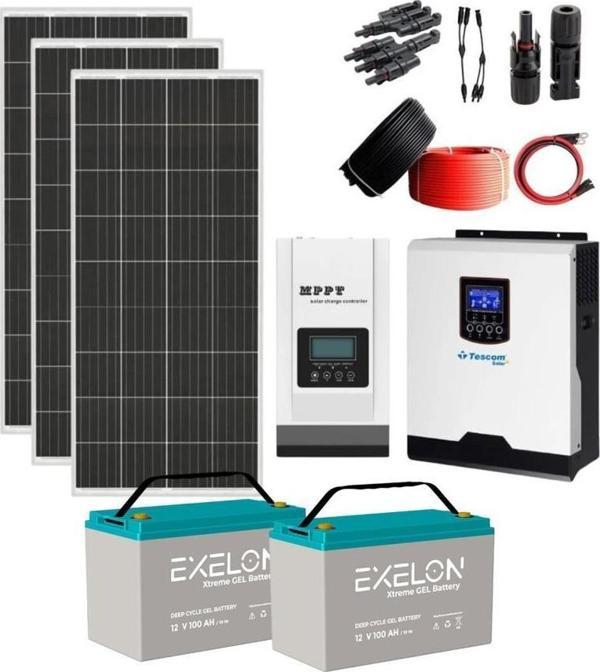 Güneş Enerjisi Hazır Solar Paket – 1Kw İnverter + 3X 210W Güneş Paneli + 2X 12V 100Ah Jel Akü - Image 1