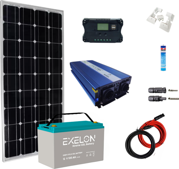 Güneş Enerjisi Karavan Basic Paket – 1Kw Ups Şarjlı Tam Sinus İnverter - 1X 200W Güneş Paneli – 1X 12V 100A Jel Akü - Image 1