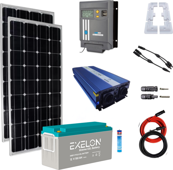 Güneş Enerjisi Karavan Prime+ Paket – 1Kw Ups Şarjlı Tam Sinus İnverter - 2X 200W Güneş Paneli – 1X 12V 150A Jel Akü - Image 1