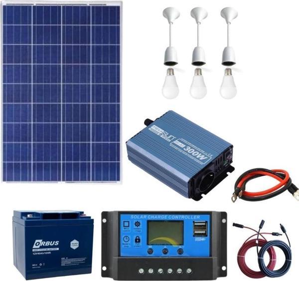 Güneş Enerjisi TV+ Aydınlatma Paketi - 300W ModifiyeSinus İnverter + 1x 12V 105W Güneş Paneli +1x 12V 40AH Jel Akü - Image 1