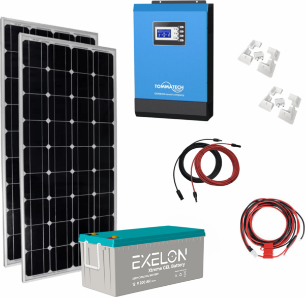 Güneş Enerjisi Karavan Plus+ Paket – 1Kw Mppt Akıllı Tam Sinus İnverter + 2X 200W Güneş Paneli + 1X 12V 200A Jel Akü - Image 1
