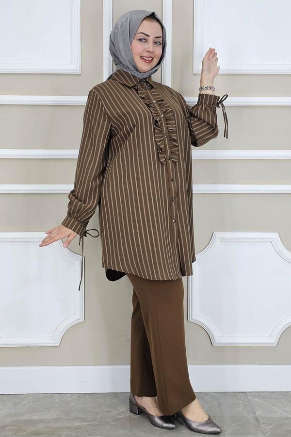 KADIN ÇİGİLİ FIRFIRLI GÖMLEK PANTOLON TESETTÜR TAKIM - Image 1