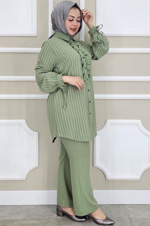 KADIN ÇİGİLİ FIRFIRLI GÖMLEK PANTOLON TESETTÜR TAKIM - Image 1