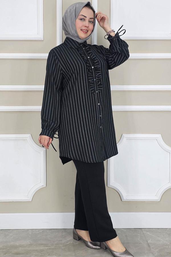 KADIN ÇİGİLİ FIRFIRLI GÖMLEK PANTOLON TESETTÜR TAKIM - Image 1