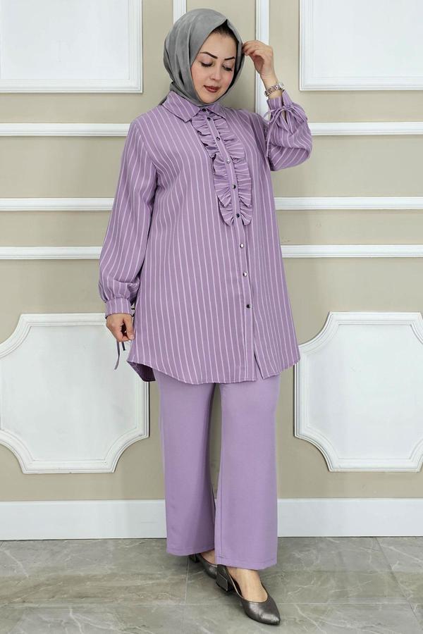 KADIN ÇİGİLİ FIRFIRLI GÖMLEK PANTOLON TESETTÜR TAKIM - Image 1