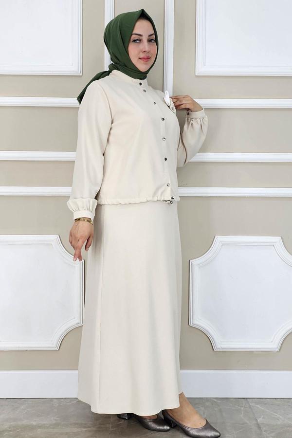 KADIN ÇİÇEK BROŞ DETAYLI GÖMLEK ETEK TESETTÜR TAKIM - Image 1