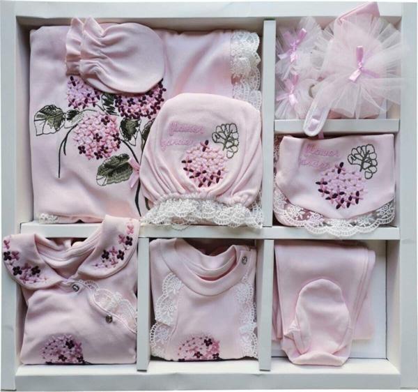Eda Baby Pembe Natural Işlemeli Çiçek Desenli  Hastane Çıkış Seti 10'Lu - Image 1