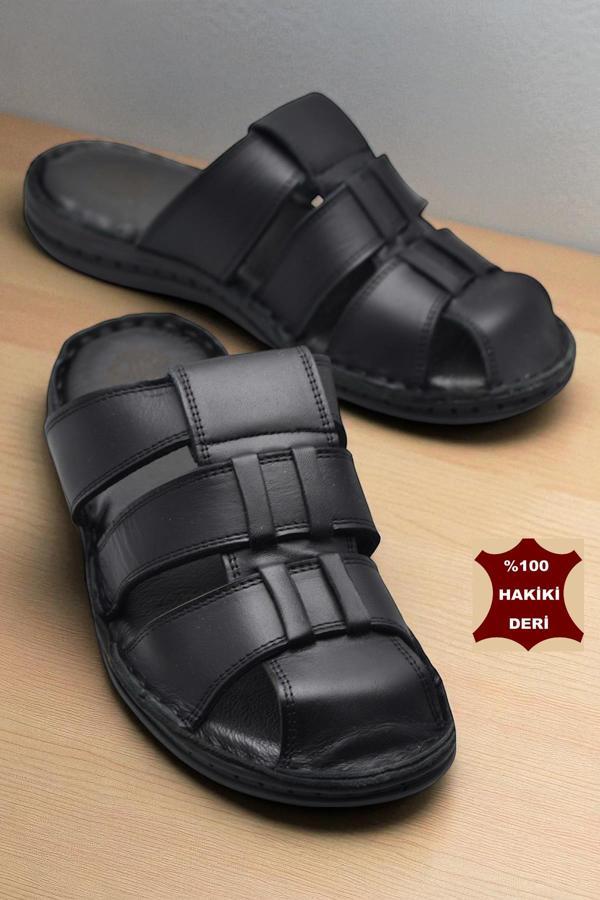 089 Puff Ortopedik Taban Günlük Hakiki Deri Erkek Terlik Erkek Kapalı Terlik - Image 1