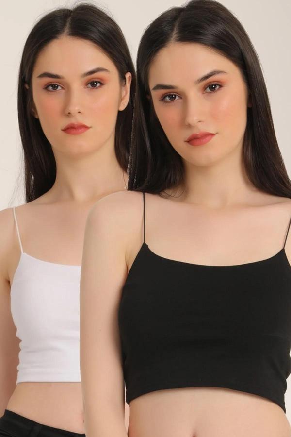 Kadın İp Askılı 2 li Yarım Atlet Büstiyer Siyah-Beyaz Berrak-8031 - Image 1