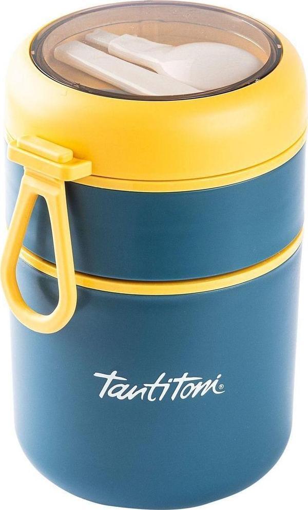 Tantitoni 036-01-TANTİTONİ MAVİ PASLANMAZ ÇELİK YUVARLAK 2 KATLI PLASTİK KAŞIKLI YEMEK TAŞIMA KABI 710ML - Image 1