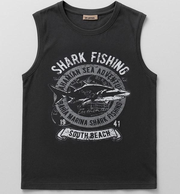 Erkek %100 Pamuk Bisiklet Yaka Shark Baskılı Kolsuz T-shirt - Image 1