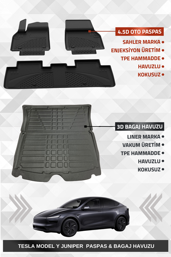 Sahler Tesla Model Y Juniper 2025+ Uyumlu 4.5D Premium Havuzlu Oto Paspas ve Liner Marka 3D Bagaj Havuzu - Image 1