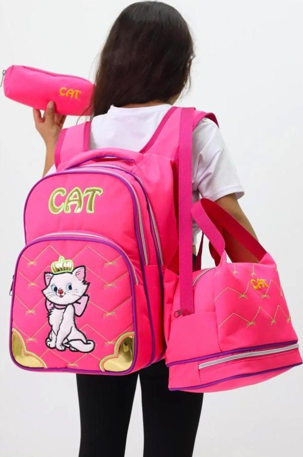 Lugmo 3 Lü Ortaokul Çanta Seti İlkokul Çantası Komple Astarlı Cat Pembe - Image 1