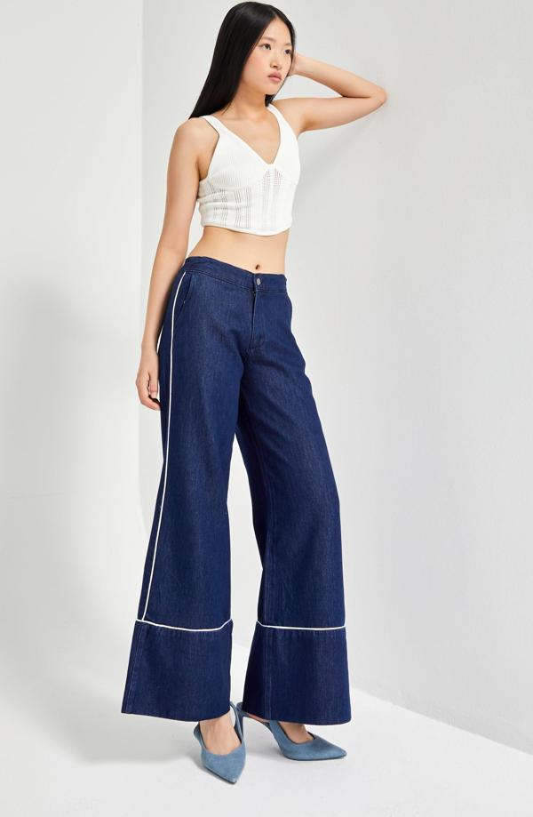 Kadın Lacivert Renk 7w5-50/1 Wide Leg Fit Şerit Detaylı Tasarım Denim Jean - Image 1