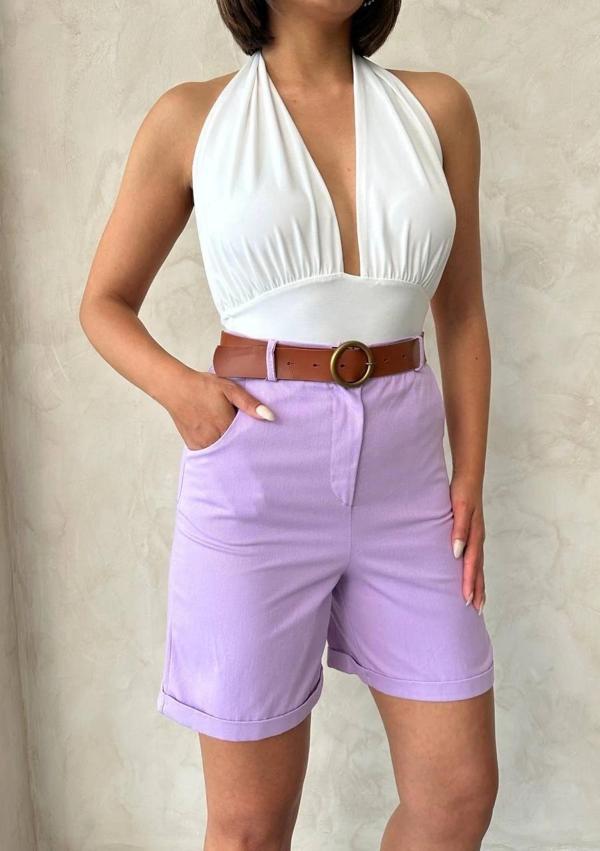 Kemerli Gabardin Şort Lila S25735 - Image 1