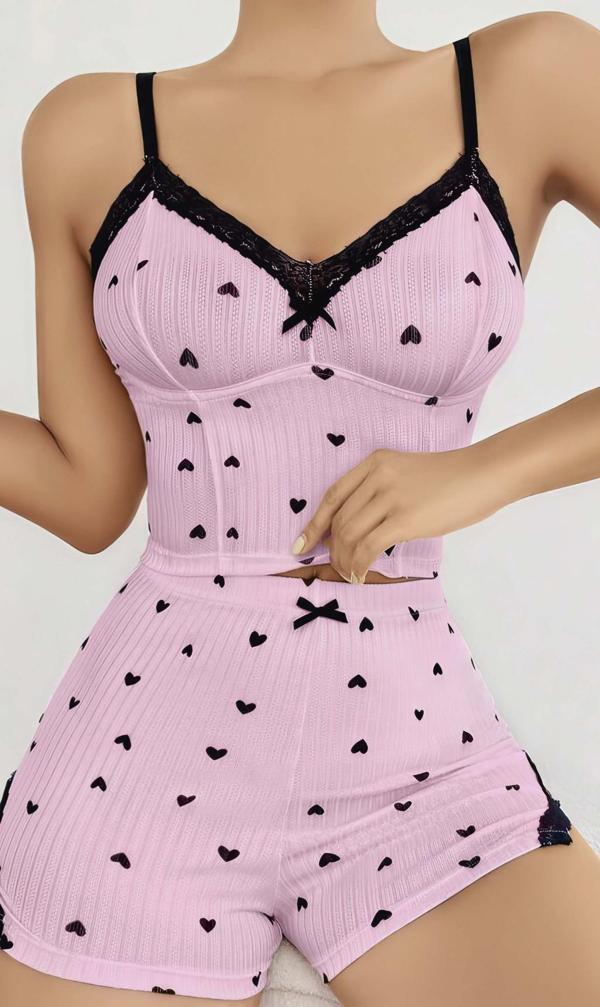 Aria's Closet Pembe Kalp Desenli Askılı Şortlu Pijama Takım - Image 1