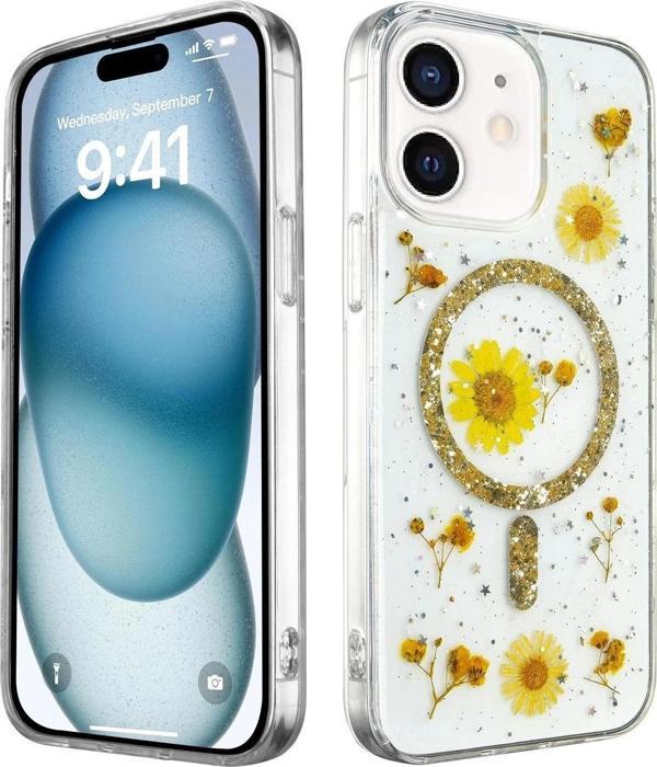 iPhone 12 Kılıf Daisy Simli Magsafe Kapak - Gold - Image 1